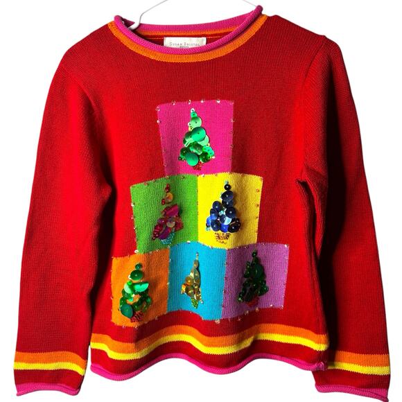 Vintage Susan Bristol Hand Embroidered Christmas Sweater Womens PL Holiday Cheer - Picture 1 of 12